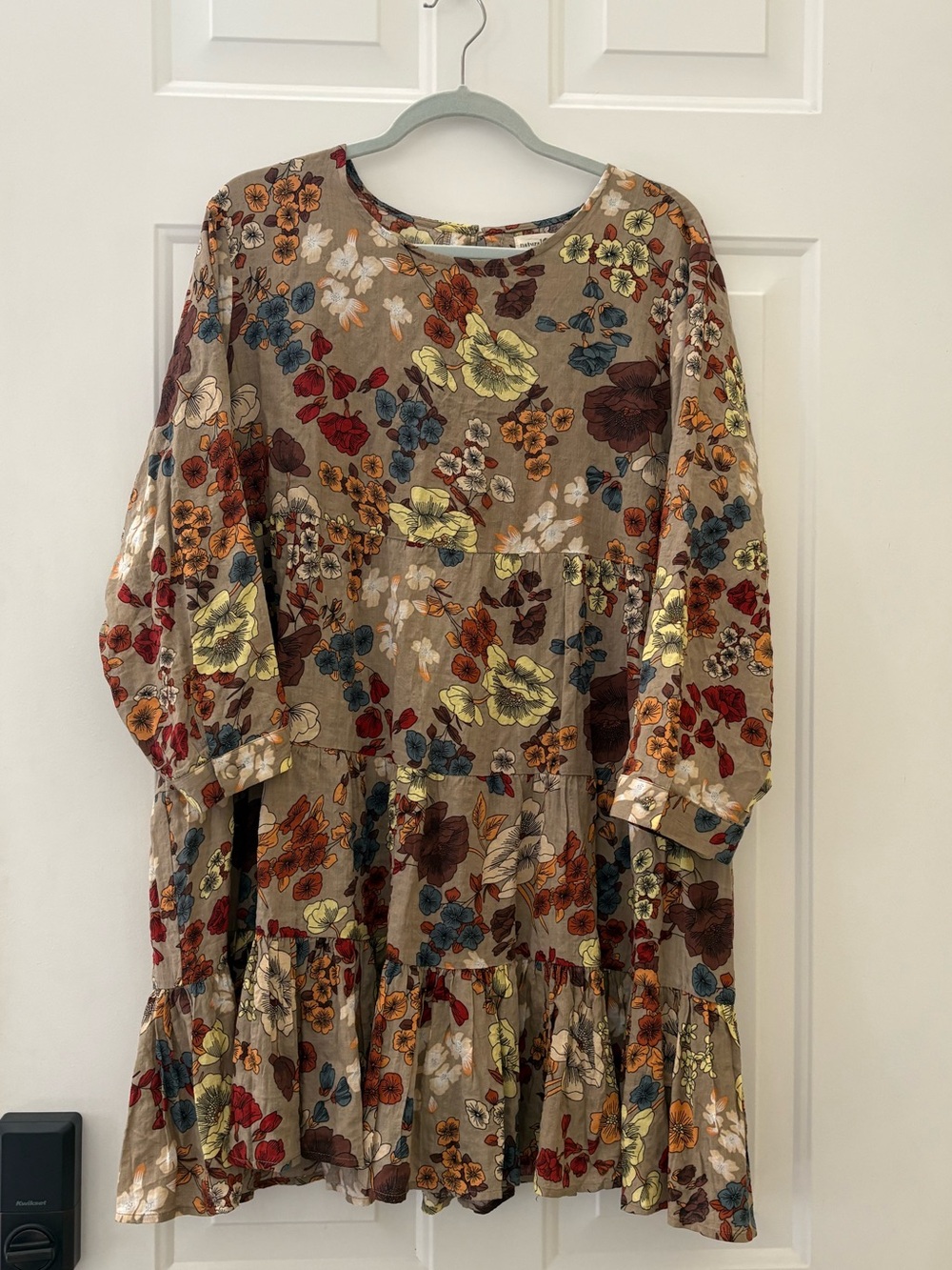 Natural Life Heidi Boho Brown Floral Tiered Mini Dress 3/4 Sleeve Cottage XL